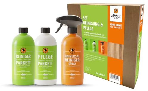 LOBA Reinigungs- und Pflegeset für geölte & gewachste Böden | Set mit Holz-Reiniger, Pflege & Universalreiniger | pH-Neutral & Schlierenfrei | Pflege für Parkett-Boden, Laminat & Holz-Boden