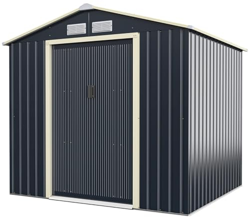 RELAX4LIFE Gerätehaus Metall, Geräteschuppen mit 2 Schiebetüren&4 Lüftungsfenstern, Gartenhaus Satteldach, Garten Schuppen Outdoor, Grau (Erweitert-213x191x195 cm)