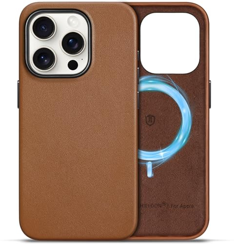SHIELDON Hülle für iPhone 15 Pro Handyhülle Case [Echtleder] [Kabellos Laden] [Magnet] [Ultra Dünn] [Slim Leicht] Kratzfest Schutzhülle Lederhülle Cover Kompatibel mit iPhone 15 Pro 5G Retro Braun