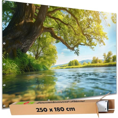 TRIOSK Sichtschutz Garten Deko Zaun Plane Blickdicht groß mit Zaunblende Motiv Baum Sonne Wasser Fluss Ufer für Zaunelement Doppelstabmatten Stabmattenzaun Gartenzaun PVC 250x180 cm
