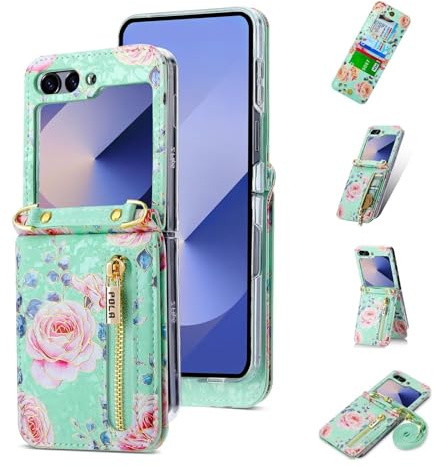 Jeelar ESONG Coque pour Samsung Galaxy Z Flip 6 avec Cordon,Cuir PU de Portefeuille Etui avec Fente pour Carte/Support,Antichoc Protecteur Housse,Motif Floral,Protection Case Cover pour Fille-Cyan