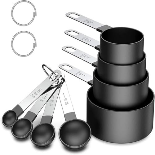 8 Pcs Measuring Cups and Spoons Set, Stackable Stainless Steel Handle Accurate Tablespoon for Measuring Dry and Liquid Ingredients Small Teaspoon with Plastic Head for Cooking Kitchen (Black)