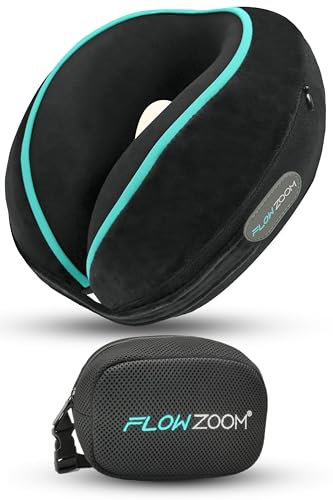 FLOWZOOM Dream Travel Neck Pillow for Airplane & Car – Adjustable Memory Foam Travel Cushion with Higher Sides for Extra Support, Soft, Washable Plush Cover and Compact Mesh Bag - Black