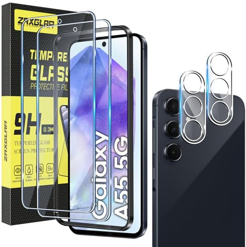 ZAXGLAR Pellicola Vetro Temperato per Samsung Galaxy A55 5G, 2 Pezzi Pellicola Protettiva e 2 Pezzi Pellicola Fotocamera, con Cornice di Allineamento,Pellicola Protettiva Samsung Galaxy A55