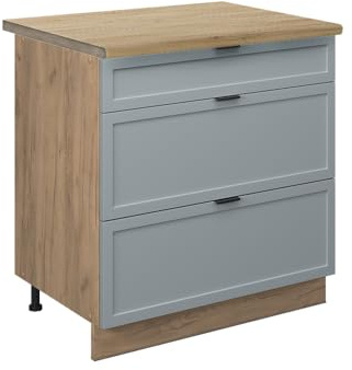 Vicco Küchenunterschrank Fame-Line, Hellblau-grau, 80 cm | MDF-Front · Arbeitsplatte Eiche · Höhenverst. Füße · Metallgriffe · Metall-Vollauszüge