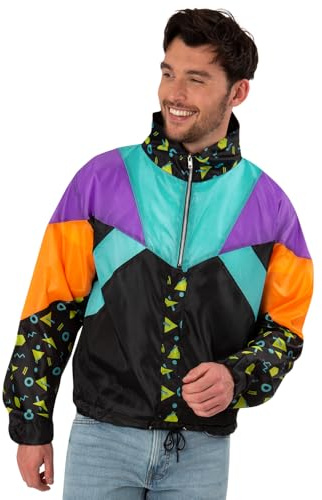 Smiffys Unisex 80s Windbreaker Jacket, Retro Black Zip-Up with Neon Colour Block Panels and Geometric Print, Fancy Dress Outfit for Festivals, Parties and Themed Events large