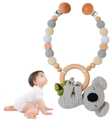KBIBCK Kinderwagenkette Holz Baby, Kinderwagen Kette für Babys, Kinderwagenkette aus Holz und Baumwolle gehäkelt, Montessori Neugeborenen Spielzeug Baby Kinderwagenspielzeug für Babyschale (Koala)