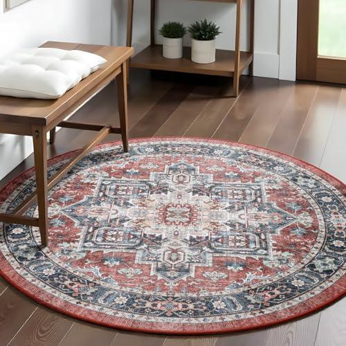 Carvapet Waschbarer runder Teppich 150 cm rutschfest Roter Teppich Kreis Retro-Medaillon-Bodenteppich für Wohnzimmer, Schlafzimmer