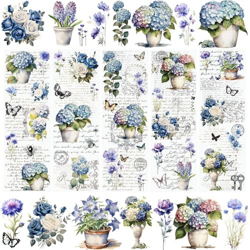 WANDIC 5 fogli adesivi trasferibili vintage blu floreali adesivi impermeabili mobili finestre artigianato decalcomanie per casa ufficio, 30 x 9,9 cm