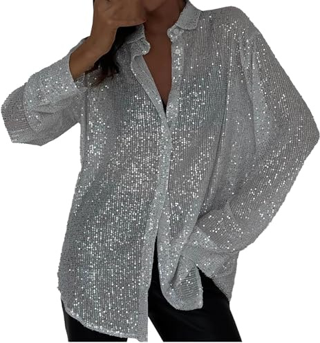 Ydsxlp Longbluse Damen Oversized V Ausschnitt Langarm Hemdbluse Casual Pailletten Glitzer Festliche Shirt Oberteile Locker Langarmshirt Pailletten Tunika Tops Silvester Outfit