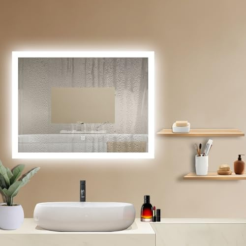 Rectangular Bathroom Mirror with 3 Colors Dimmable LED Light,Shaver Socket,Anti-fog,Memory function,Sensor touch switch-800x600