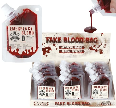 FIESTAS GUIRCA | Caja de 24 Bolsas de Sangre Falsa - Maquillaje de Halloween y Carnaval - Pintura Facial y Corporal para Disfraces de Terror, Vampiros y Películas de Miedo - Rojo