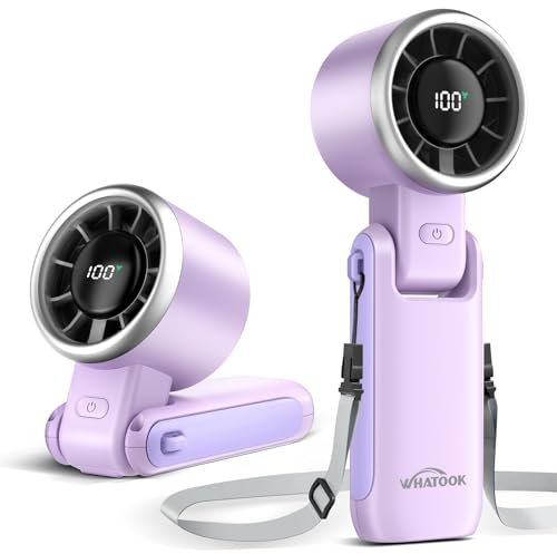 WHATOOK Mini ventilatore portatile Ventilatori portatili：regolabili su 5 velocità, pieghevole, Ventilatore a mano con display LED, per casa, ufficio, camera da letto, viaggi e all’aperto Viola