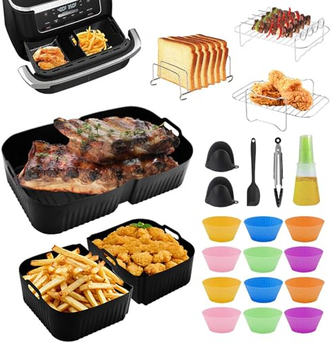 Spalivivre Hot Air Fryer Accessories, Silicone Fryer Liners with Racks, Gloves, Muffin Liners, Oil Bottle for Ninja Foodi Flexdrawer 10. 4L