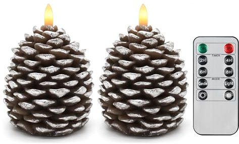 CVHOMEDECO. Pine Cone Candles Battery Operated Pinecones with Remote and Timer, Pine Cones Candle LED Flameless Flickering Candles for Fall, Christmas Decor. Silver-Brown, H 4.8 Inch, Pack of 2