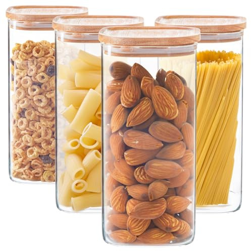 Argon Tableware Square Glass Storage Jars with Airtight Wooden Lids - 1500ml - 4 Pack - Modern Kitchen Container Preserving Jars for Pickling, Chutney, Jam, Coffee, Olives, Sugar, Spices