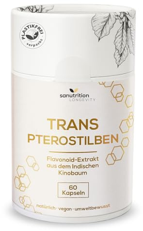 Trans-Pterostilben | hochdosiert 100 mg | 60 Kapseln | aus Pterocarpus Marsupium | ohne Zusätze | vegan & laborgeprüft | in der Papierdose | die Longevity-Linie von Sanutrition