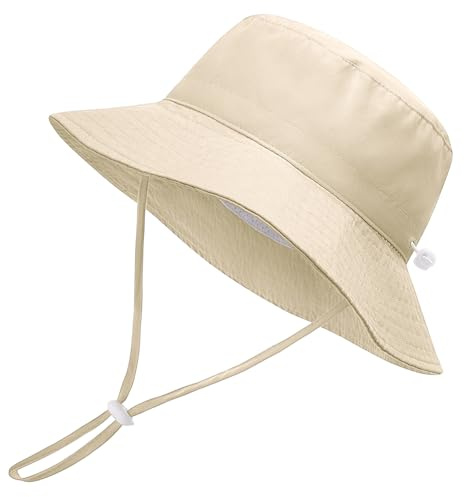 Xnova Bébé Enfant Chapeau de Soleil Réglable, Chapeaux de Seau Large Bord Unisex UPF 50+ Bucket Hat Bob Anti-UV Casquette pour Fille Garcon (Beige, M(Circonférence Chapeau: 52-54 cm))