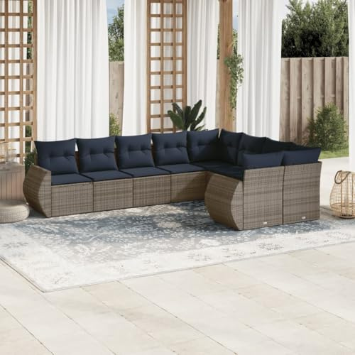 Hoopleep 9-teiliges Gartensofa-Set, Grau, Polyrattan-Geflecht, UV-beständig, Modulares Design für Terrasse und Außenbereich, mit Marineblauen Kissen