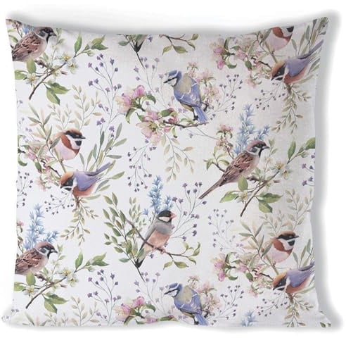 Ambiente Kissenbezug 40x40cm Baumwolle mit Vogel & Blumen Motiv - Deko Kissenhülle mit Reißverschluss - Überzug für Dekokissen Zierkissen Sofakissen - Kissen Bezug Weiß Bunt