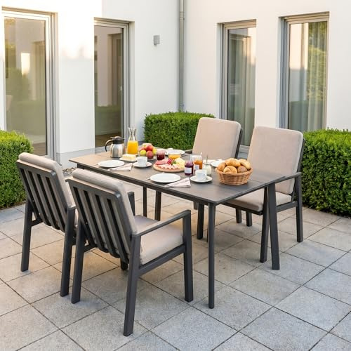 LANOX Aluminium Gartenmöbel Set mit Tisch und 4 Stühlen | Wetterfest & rostfrei, Tisch 150x80cm, Tischplatte in Holzoptik, inklusive 22D Schaumstoffpolster, für Terrasse & Garten
