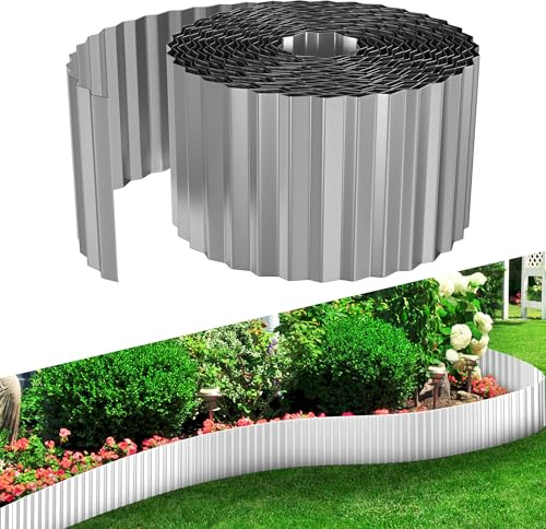 TATIVALO Gewellte Rasenkante Metall, Verzinkte Beeteinfassung 10m Höhe 18cm | Silber Flexible Beetumrandung, Mähkante & Wurzelsperre, Rasenbegrenzung, Gartenpalisade für Garten, Beete, Wege, Wetterfest