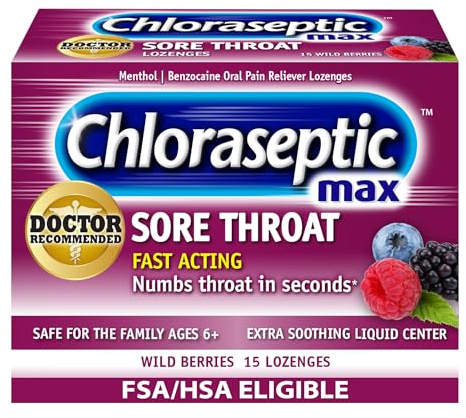Chloraseptic Max Strength Sore Throat Relief Lozenges, Wild Berry, Drops with Liquid Center to Numb Sore Throat, 15 Count