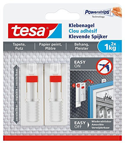 tesa® Verstellbarer Klebenagel für Tapeten und Putz, spurlos wiederablösbar, wiederverwendbar (1 kg / 2er Pack = 4 Nägel)