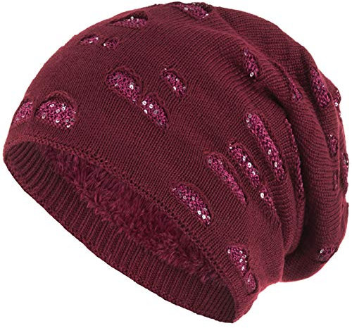 Compagno Mütze Damen Wintermütze mit Pailletten warm gefütterte Beanie Strickmütze Hat Haube Einheitsgröße, Farbe:Dunkelrot