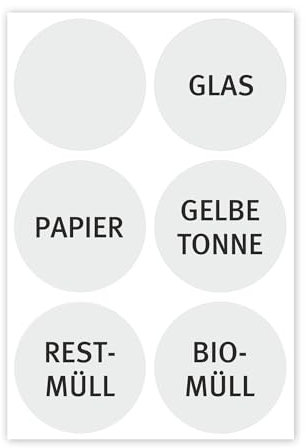 younikat 6 silberne Mülleimer-Aufkleber zur Mülltrennung I Sticker-Set rund für Alt-Glas Papier gelbe Tonne Restmüll Biomüll und blanko Etikett I hin307