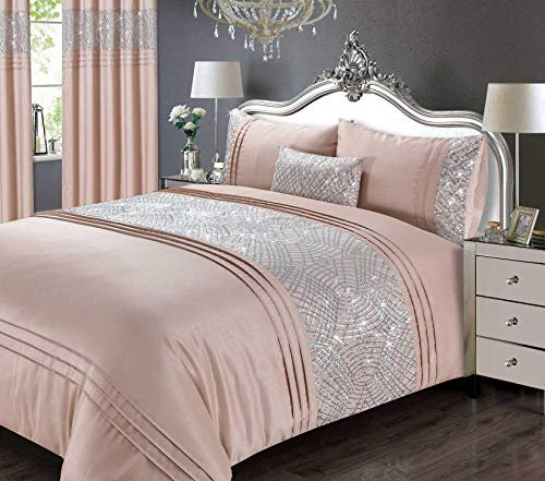 Rapport Parure de lit avec Housse de Couette à Paillettes, 50 % Coton, Rose Poudré, King Size