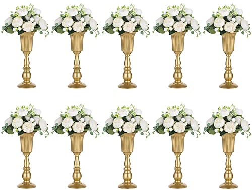 Nuptio 10 Stück Geblühte Metall Trompetenvase Elegante Vase mit Mittelstücken für Hochzeitsfeiern, 31.9cm Hoch, Künstliche Blumenarrangements für Die Jubiläumsfeier Gold