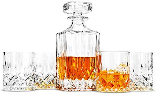 LANFULA 5 Pezzi Bottiglia e Bicchieri Whisky Cristallo, 750 ml Decanter con 4 x 300 ml Bicchieri Whiskey, Regalo per Natale, Confezione Regalo