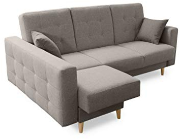 Robin Hilton Ecksofa mit Schlaffunktion Bettkasten 2 Kissen Sofa L-Form Schlafsofa Freistehende Eckcouch Schlafcouch Wohnzimmermöbel Wohnlandschaft Hellgrau