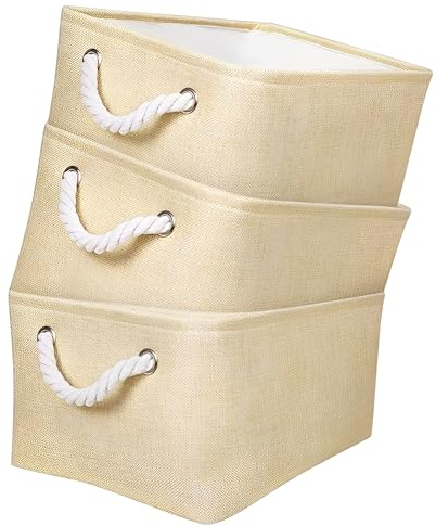Mangata Foldable Storage Basket, Open Wardrobe Organiser Boxes 3 Pack (Beige, Medium)