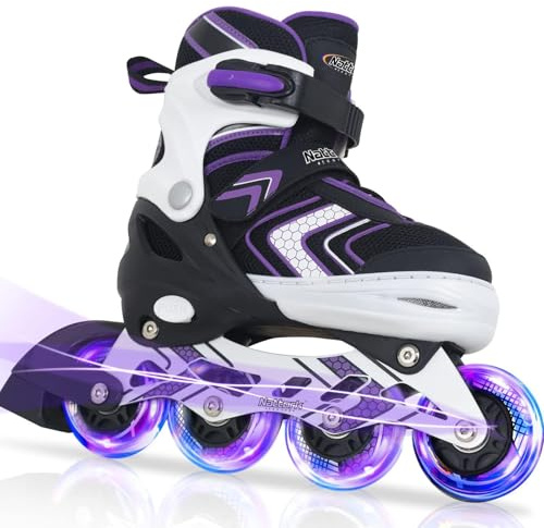 Nattork Inliner für Kinder Verstellbare Inline Skates, 4 Größen Mädchen Inline Roller Skates mit Beleuchteten, Kinder Inliner Mädchen Rollschuhe für Anfänger (Violett, 37-41 EU / 235-260 MM)