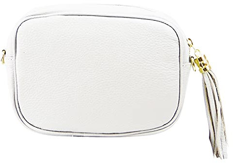 SH Leder Echtleder Umhängetasche mittel kleine Tasche Abendtasche Clutch Crossbody Bag Messenger Handtasche mit Reißverschluss 21x15cm Chiara G209 (Weiss)
