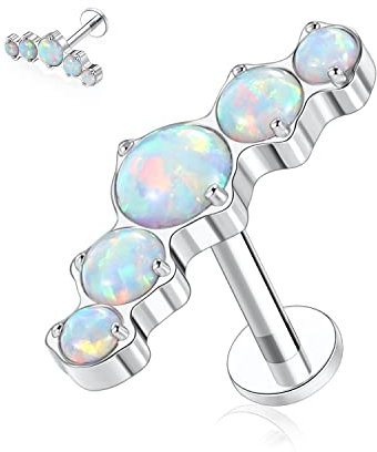 hengkaixuan 16G G23 Titan Flat Back Labret Studs Innengewinde Lippen Studs Tragus Piercing 6mm Monroe Medusa Helix Lippenpiercing Silber Lobe Knorpel Conch Ohrring Schmuck mit 5 runden Opal