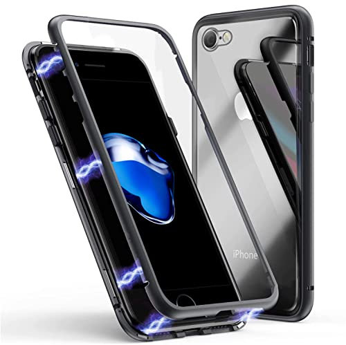 LONYAN Magnetic Phone Case for iPhone 6 Plus/iPhone 6S Plus, Metal Frame Transparent Tempered Glass Back Built-in Magnet Adsorption Cover with Screen Protector for Apple iPhone 6 +/6S + (Black)