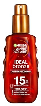 Garnier Ambre Solaire Huile protectrice Ideal Bronze Crème solaire SPF15, indice de protection solaire élevé 15, beurre de karité, résistant à l'eau et non gras, protection UVA et UVB, 150 ml