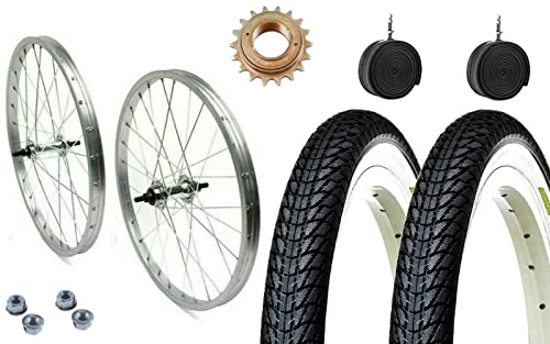 Paar Fahrradreifen 20 Zoll x 1,75 cm + Ritzel 16 Zähne + Reifen weiß + Kamin + Flap | Komplette 20 Zoll Fahrradfelgen Draziella EPOCA