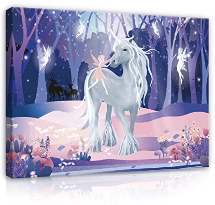 WallArena - Leinwand Bilder - Kinderzimmer Mädchen Einhorn Fantasy Kinder - 60x40 cm Leinwandbilder - Bild auf leinwand - Wandbild XXL groß Wandbilder für Wohnzimmer Schlafzimmer Modern