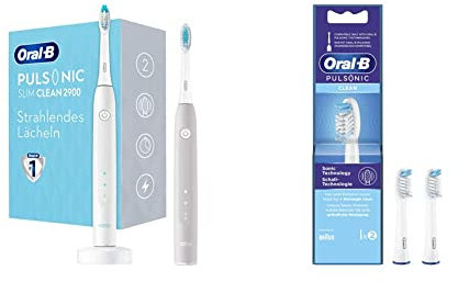 Oral-B Pulsonic Slim Clean 2900 Elektrische Schallzahnbürste/Electric Toothbrush, Doppelpack mit 2 Aufsteckbürsten, 2 Putzmodi, grau/weiß & Pulsonic Clean Aufsteckbürsten,2 Stück