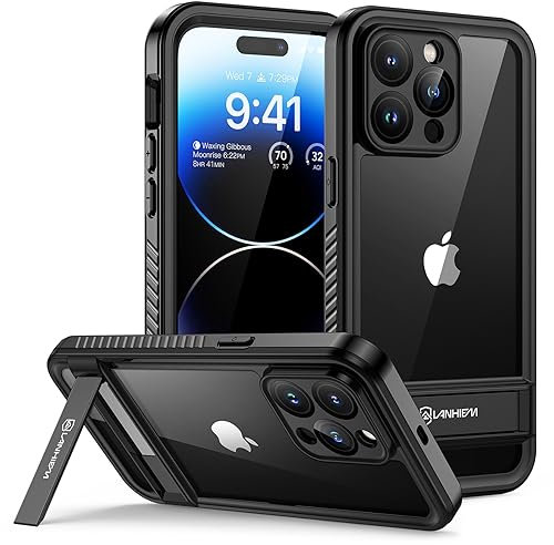 Lanhiem for iPhone 14 Pro Case with Stand, IP68 Waterproof Dustproof Shockproof Kickstand Case with Screen Protector, Full Body Protective Cover for iPhone 14 Pro, 6.1 inch (Black)