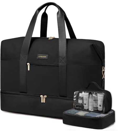 LOVEVOOK Sac de Voyage Sac Weekend, 56L Sacs Voyage Cabine Femme, Grand Sac Maternité, Bagage Cabine Avion 50x38x25, Sac de Sport Travel Bag, Noir
