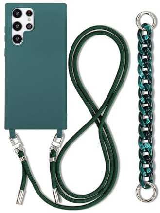 Rokmym Coque de Collier pour Samsung Galaxy S21 Ultra avec Cordon, Silicone Antichoc avec Bracelet, Réglable Lanyard CaseTour de Cou Chaîne Lanière Coque pour Samsung Galaxy S21 Ultra，Vert Encre