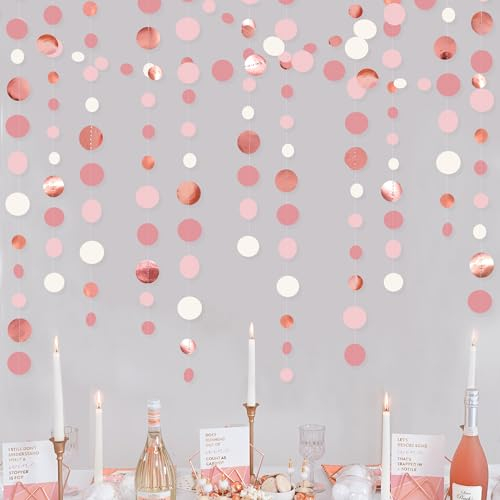 46Ft Rose Gold Blush Pink Circle Dots Garland Party Decorations Dusty Pink Hanging Paper Polka Dots Streamer for Birthday Wedding Bridal Shower Anniversary Bachelorette Engagement Baby Shower Decor