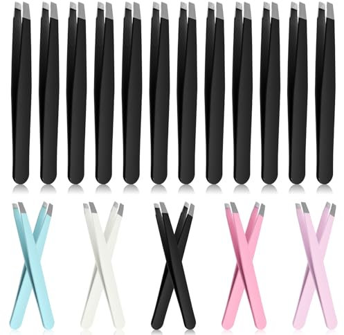 GLARKS 12 pinzas negras para cejas, punta inclinada de acero inoxidable, pinzas profesionales de precisión para cabello facial para hombres y mujeres