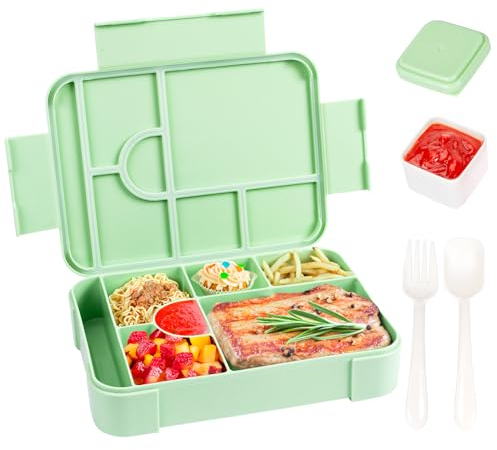 QCQHDU Brotdose mit 7 Fächern & Besteck, 1330ml Lunchbox Erwachsene/Kinder, Mikrowellen- und Spülmaschinenfest, Bento Box mit Kühlschrankfunktion, Vesperbox für Familie(grün)