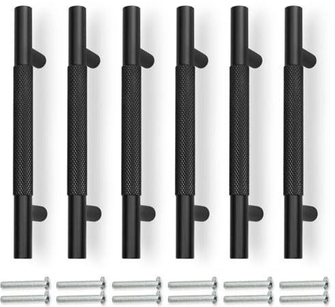 Bwintech 6 Pack Black 181MM Knurled Cupboard Handles, 128MM Hole Centers Furniture Drawer Pulls Cupboard Knobs Cabinet Handles